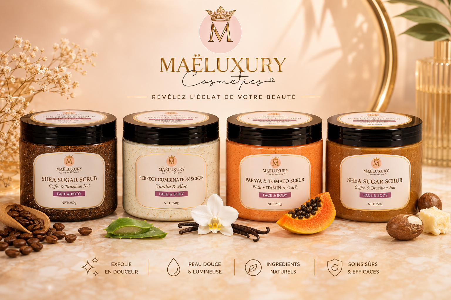Gommages Maëluxury Cosmetics – Peau Douce & Éclat Naturel